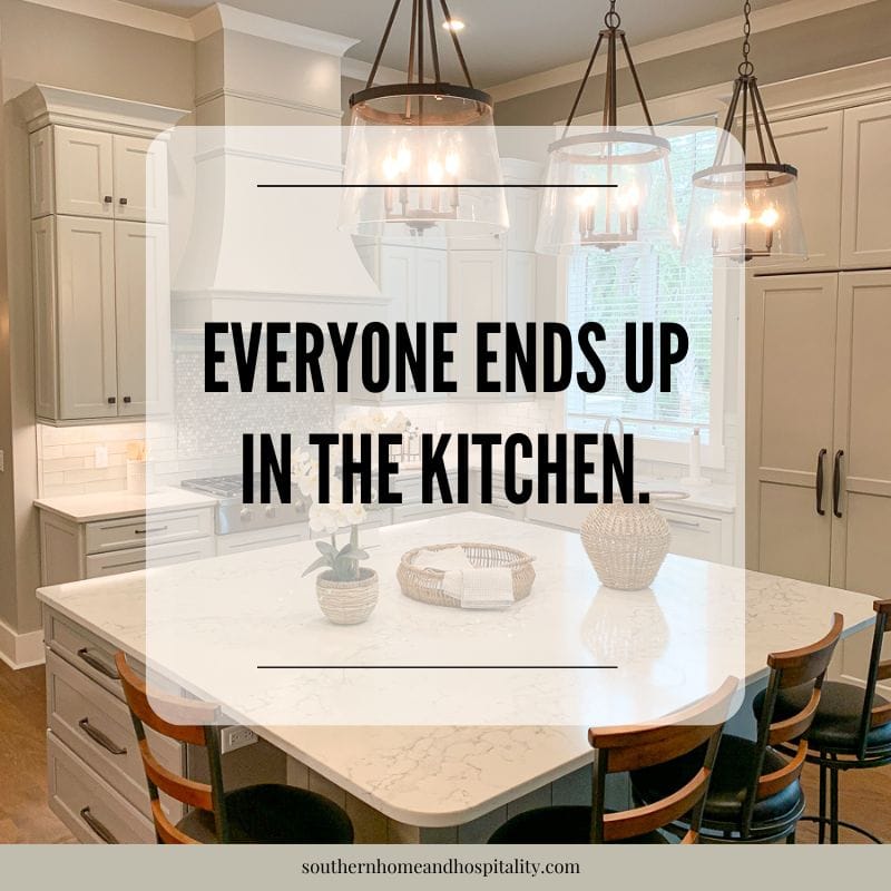 Southern coastal style kitchen with text overlay “Everyone ends up in the kitchen”