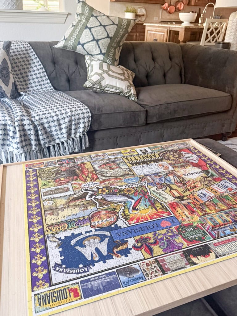 Louisiana puzzle on coffee table puzzle board