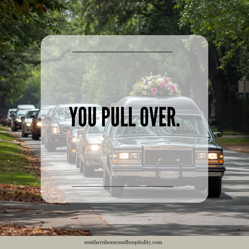 Quiet road with funeral procession and text overlay “You pull over”