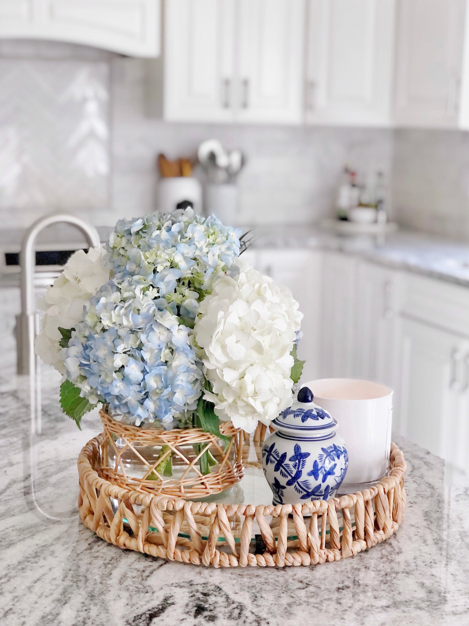 Hydrangeas on a kitchen counter