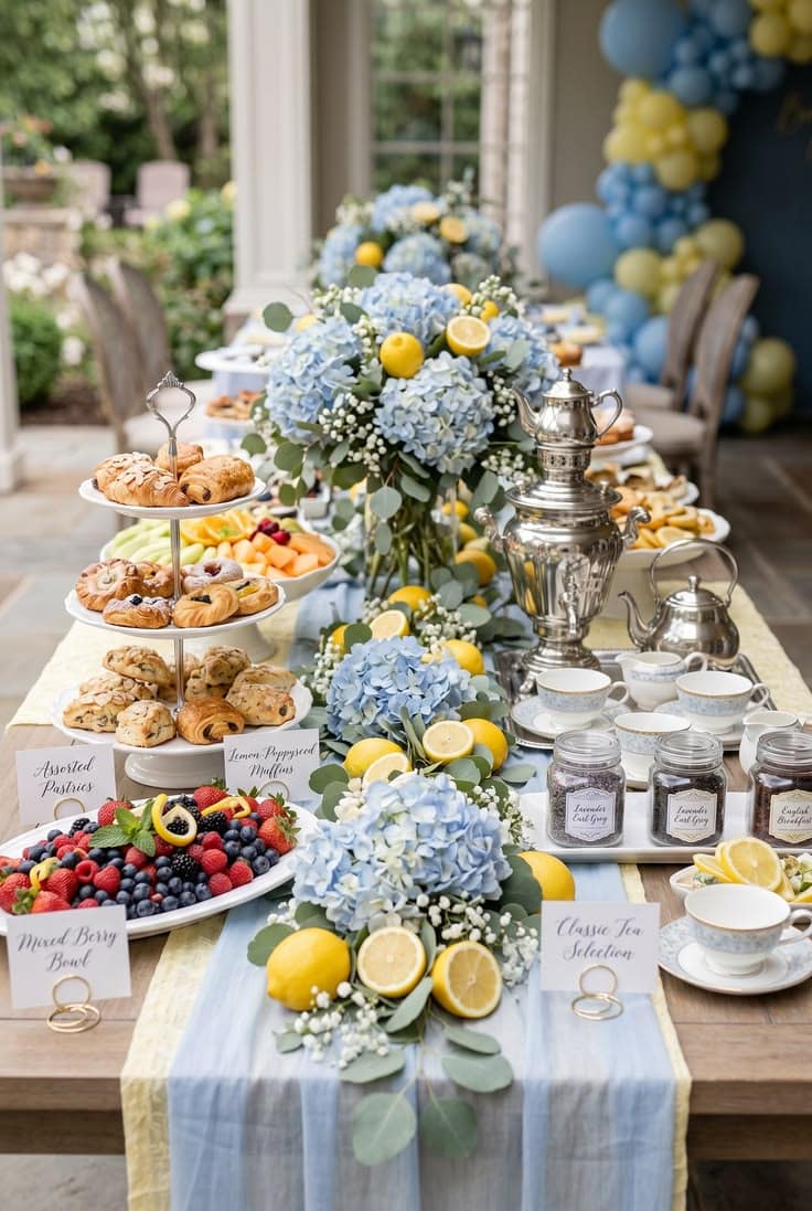 Bridal brunch table with hydrangeas and lemons