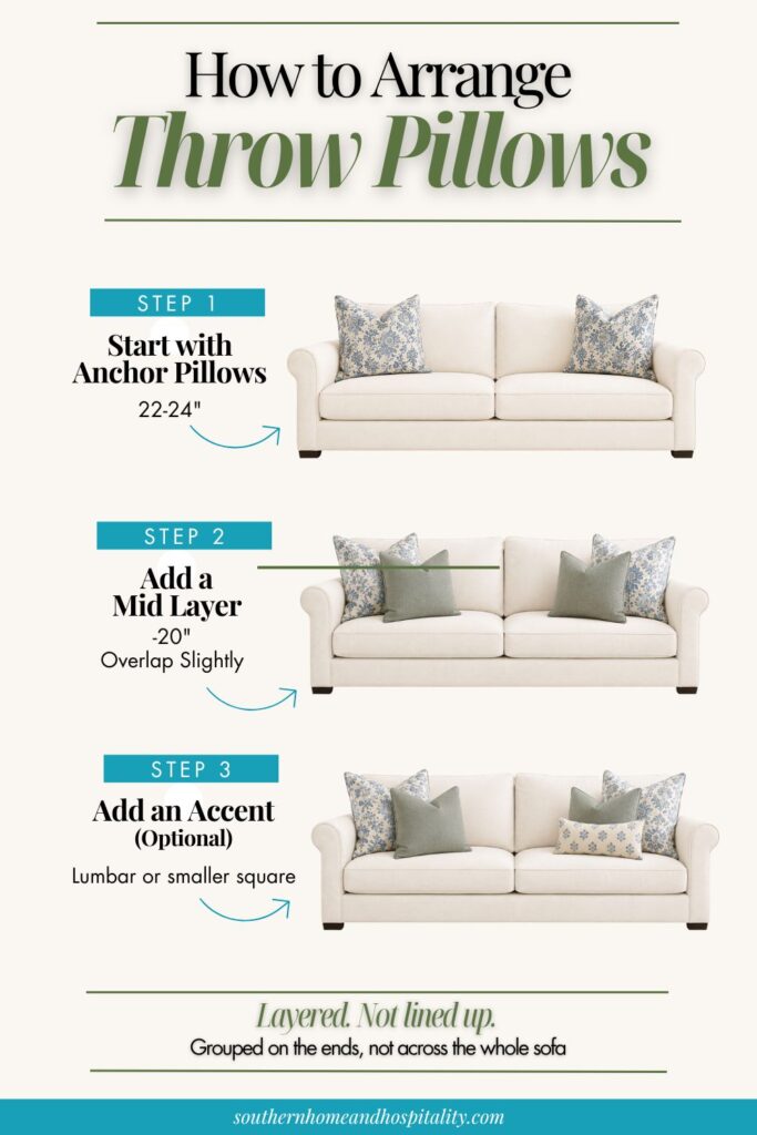How to arrange throw pillows in three steps: anchor pillows, mid layer, and accent pillows grouped on the ends of a sofa.