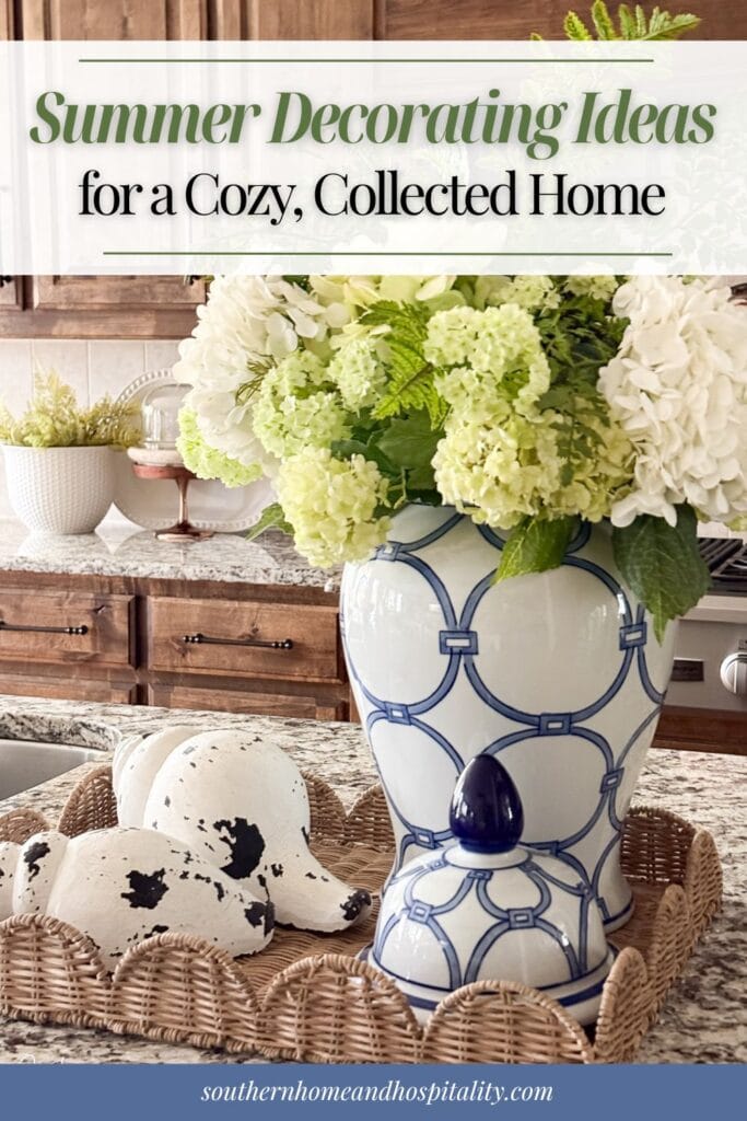Blue and white summer home decor with hydrangeas, woven textures, greenery, and relaxed coastal-inspired decorating ideas for a cozy collected home.