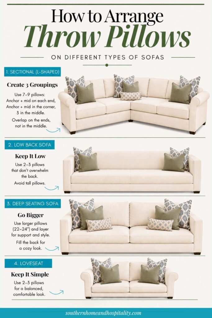 How to arrange throw pillows on sectional, low back, deep seating, and loveseat sofas with practical layout examples.