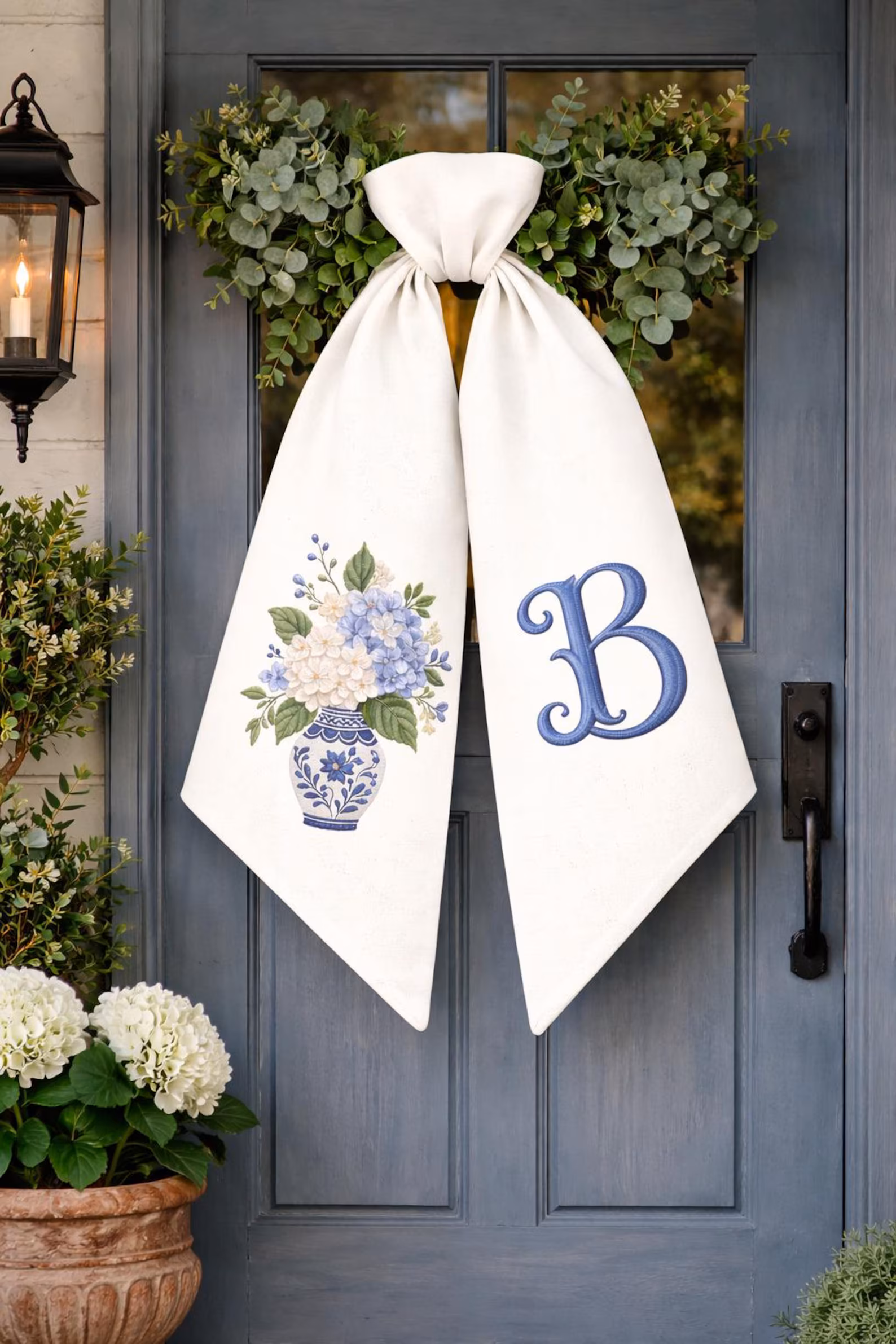 Wreath sash with hydrangea and monogram