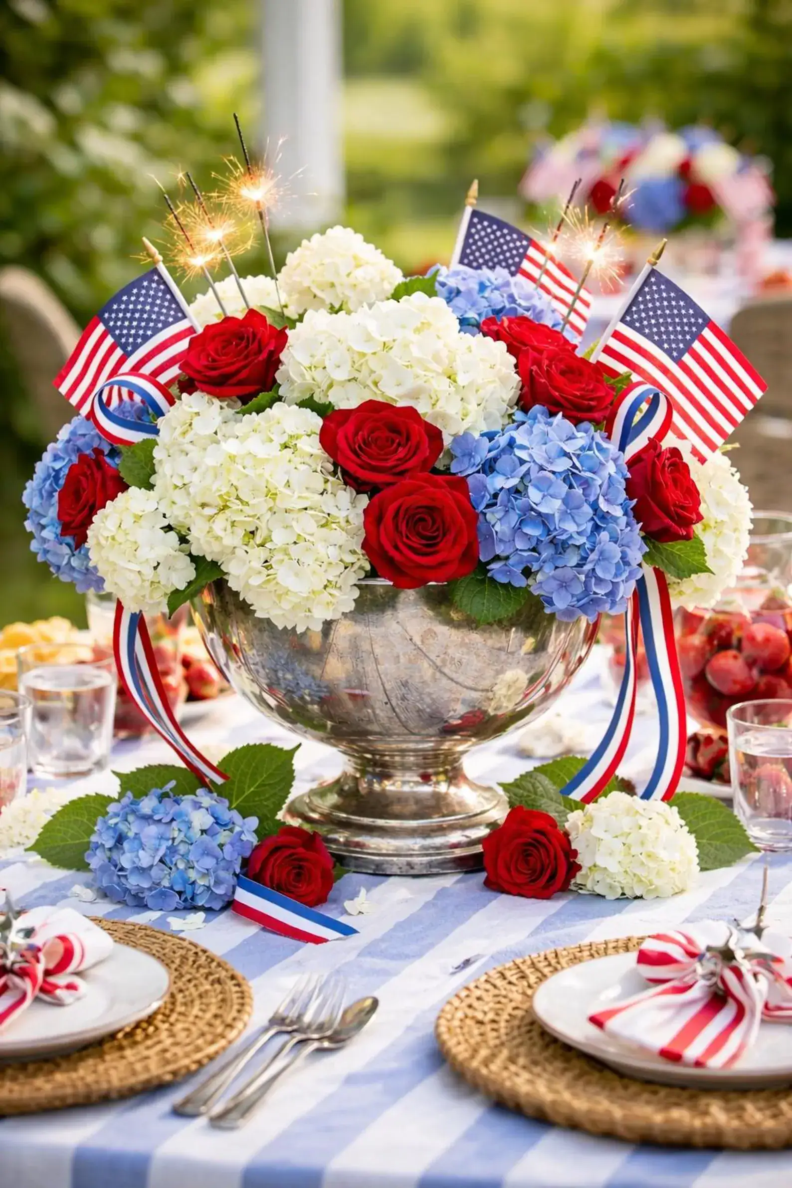Red white and blue centerpiece with hydrangeas, roses, and flags