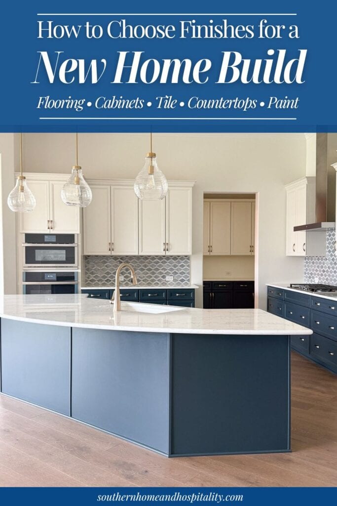 Kitchen with blue island cabinetry, white upper cabinets, brass hardware, quartz countertops, and wood flooring illustrating how to choose finishes for a new home build.