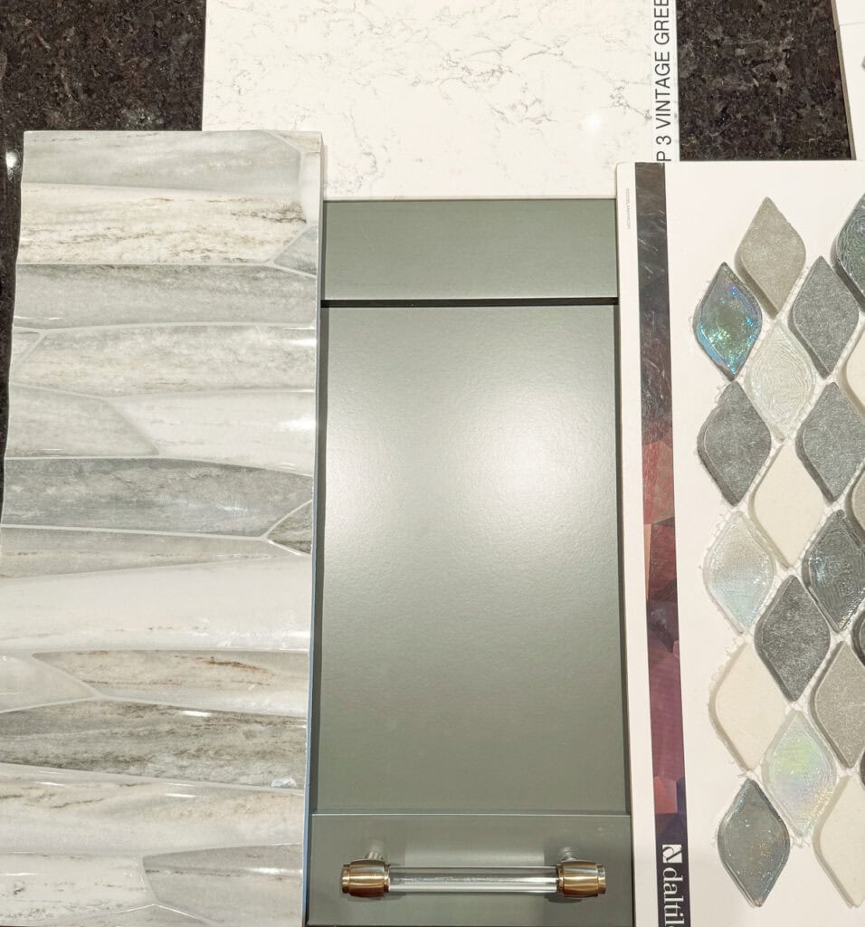Primary bathroom selections for a new home build with tile, countertop, cabinet finish, and decorative hardware