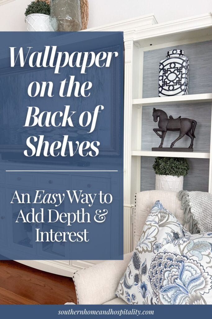 Wallpaper on the back of shelves using peel-and-stick faux grasscloth wallpaper to add depth, texture, and interest to an entertainment center.