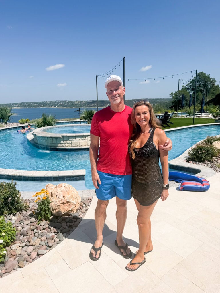 Kate and her boyfriend at a Lake Travis summer party with a lazy river.