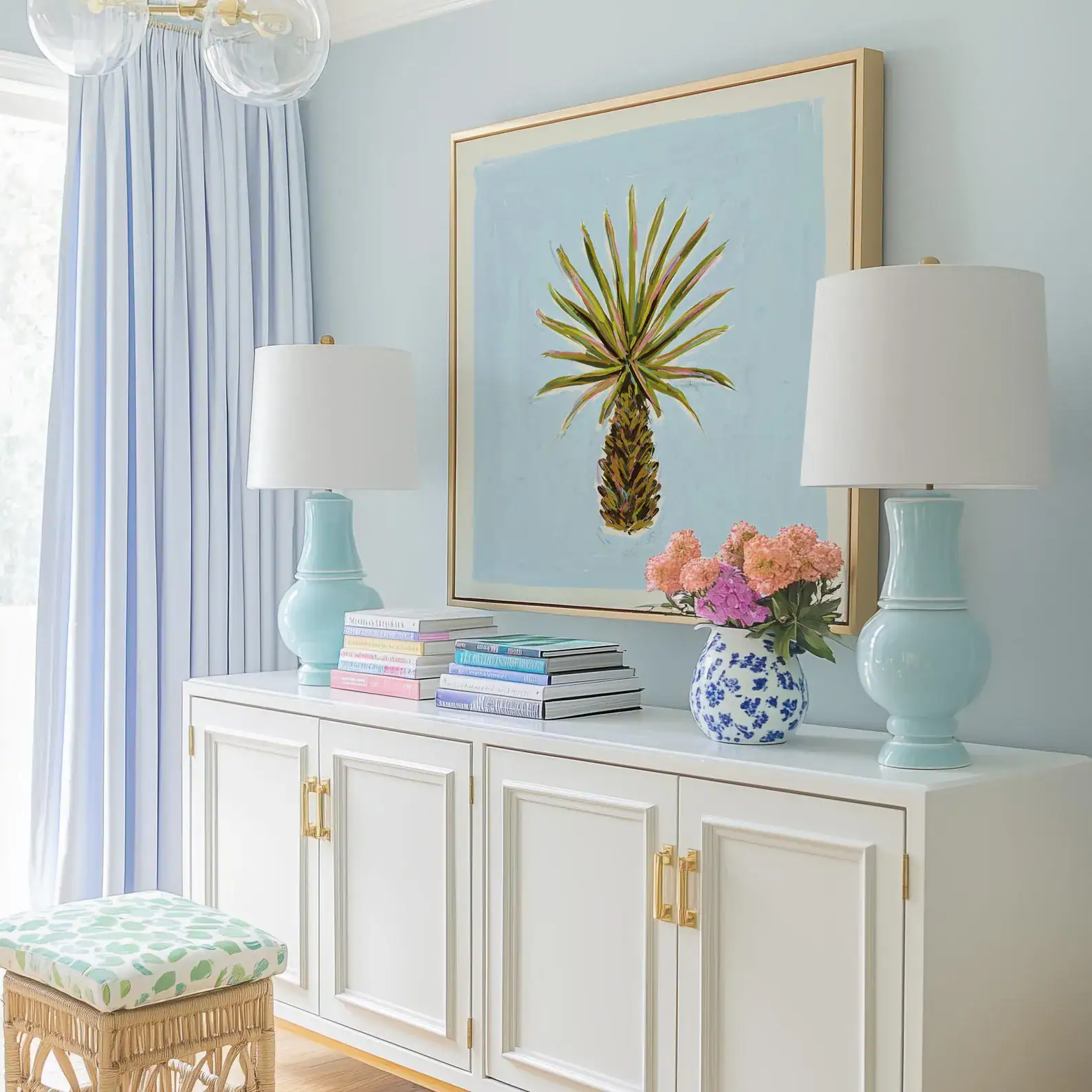 Blue wall art with palm tree