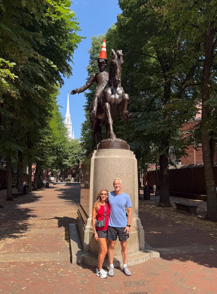 Paul Revere statue with construction cone