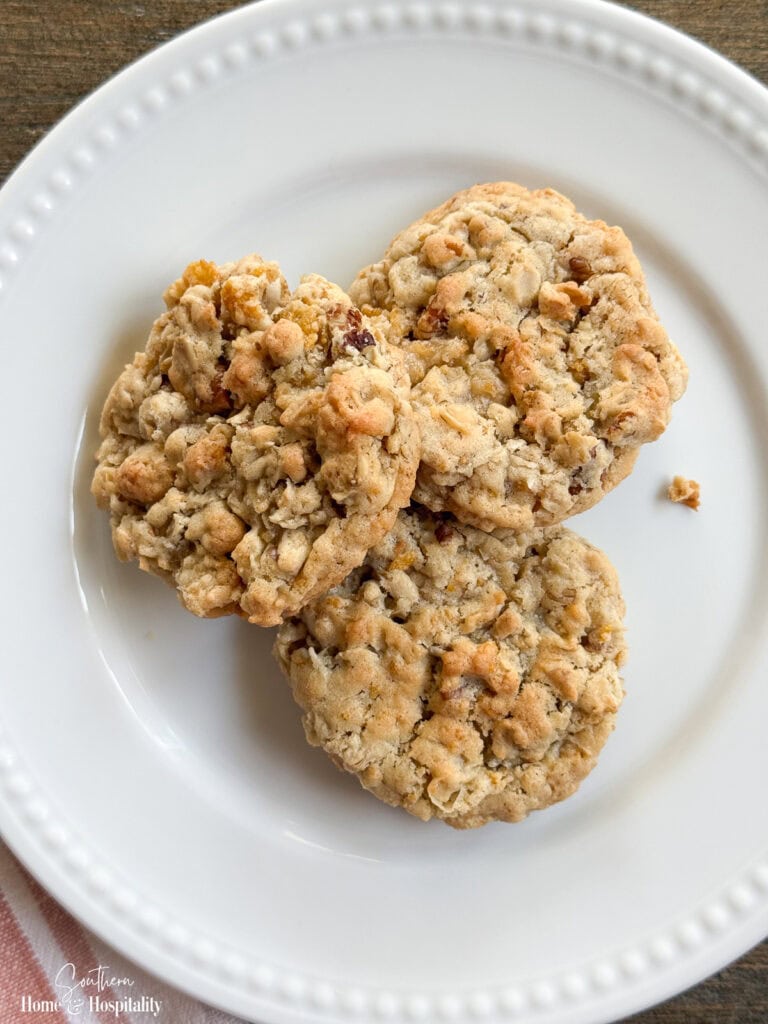 Plate of homemade Ranger Cookies made with oats, cornflakes, coconut, and pecans.