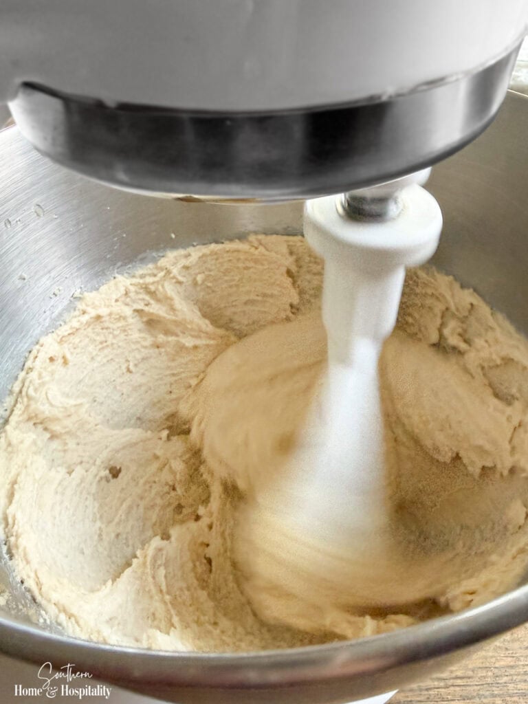 Butter and sugars creamed together for Old-Fashioned Ranger Cookies.