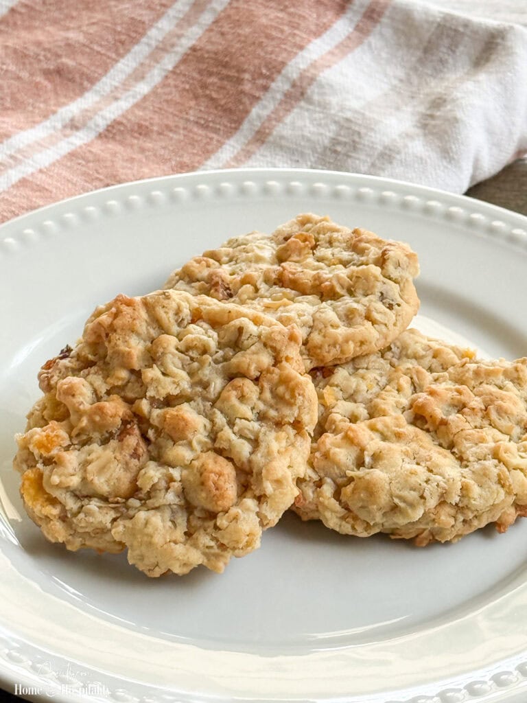 Plate of homemade Old-Fashioned Ranger Cookies ready to serve.