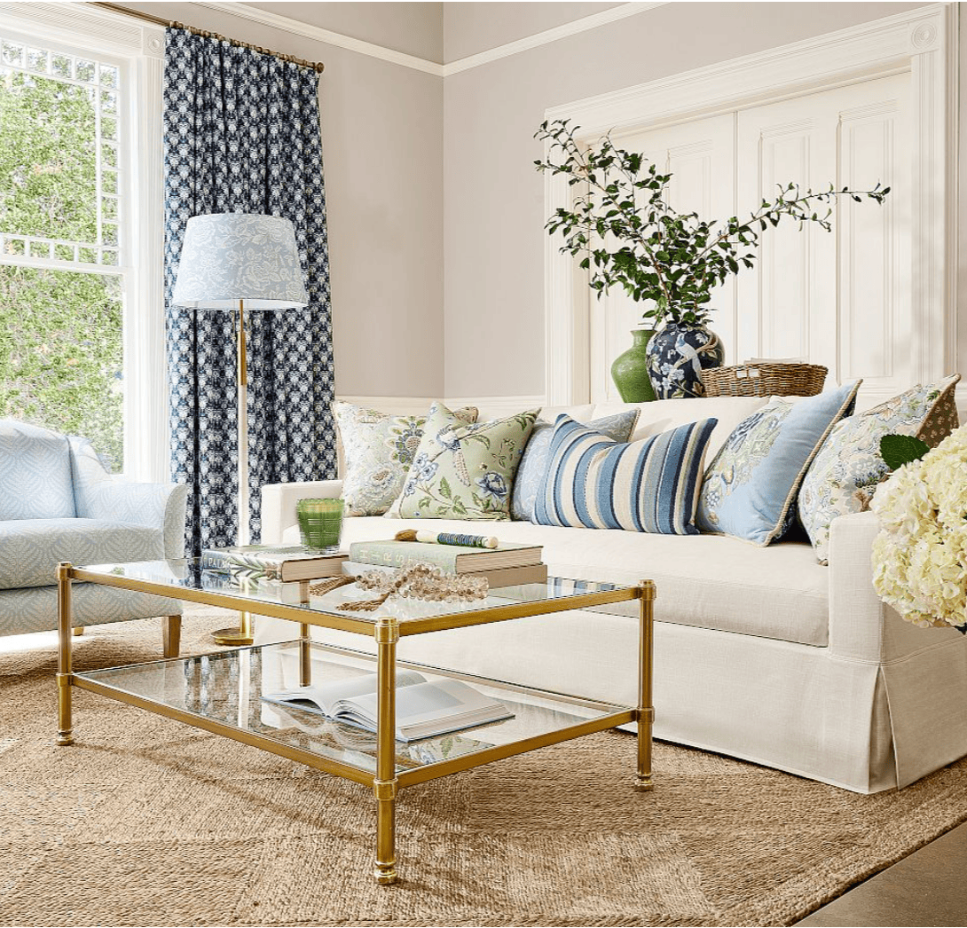 Pottery Barn glass and brass coffee table