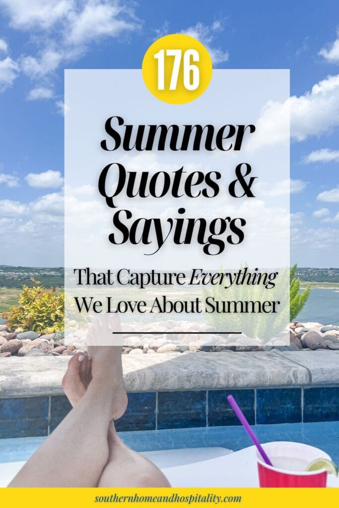 Pool overlooking a peaceful lake on a sunny summer day with text reading "176 Best Summer Quotes and Sayings That Capture Everything We Love About Summer."