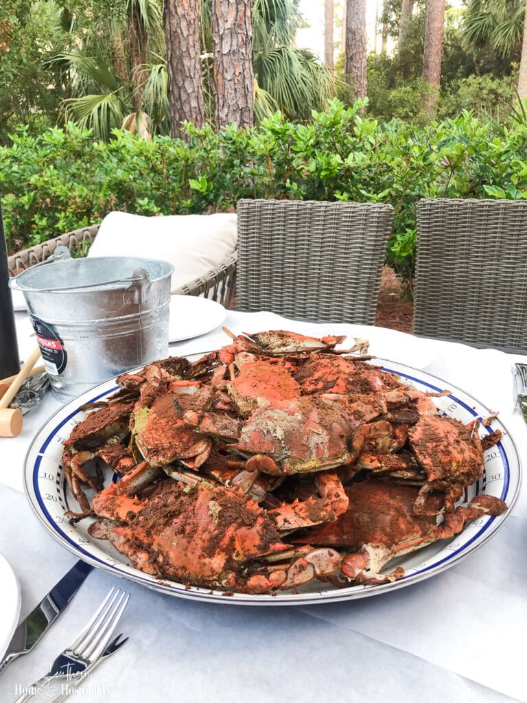 Traditional summer crab boil served on an outdoor table.