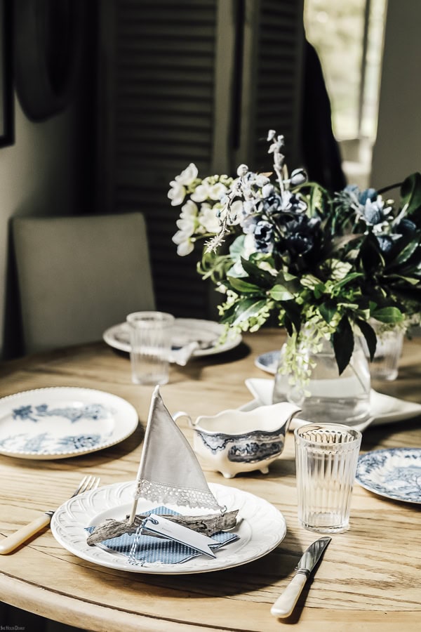 Blue and white summer tablescape