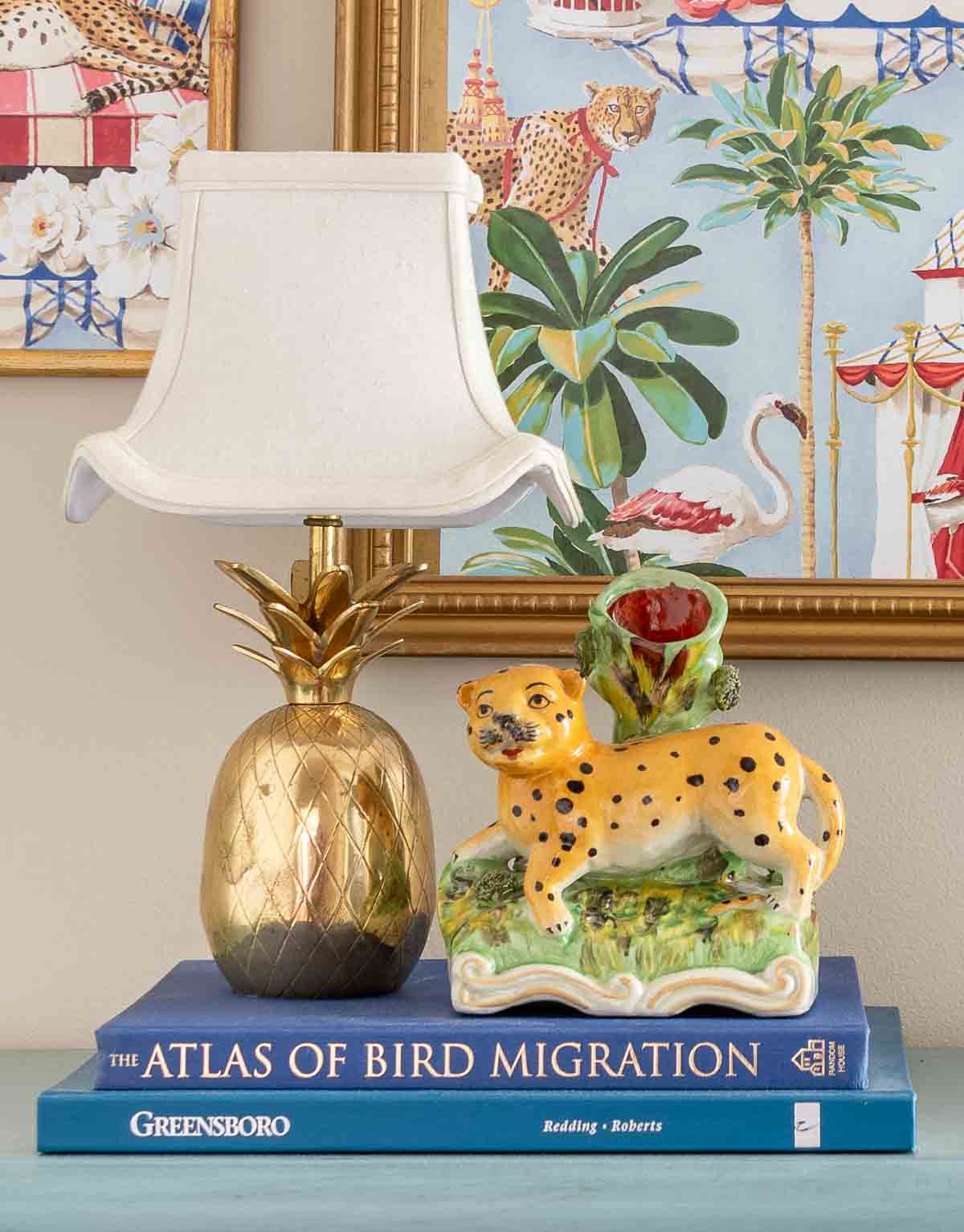 Chinoiserie leopard next to small lamp