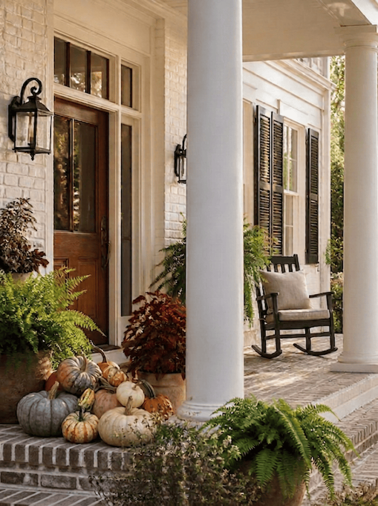 Traditional Southern front porch decorated for fall with pumpkins, ferns, rocking chair, white columns, and black shutters.