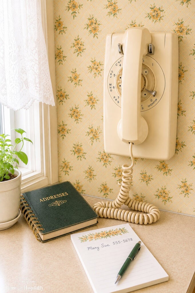 Vintage cream rotary wall telephone in a 1970s-style kitchen with an address book and handwritten phone number nearby.