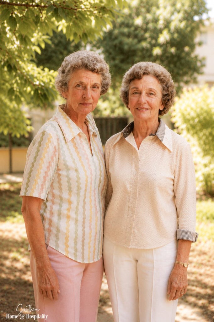 Vintage family photo of older Southern women standing together outdoors.