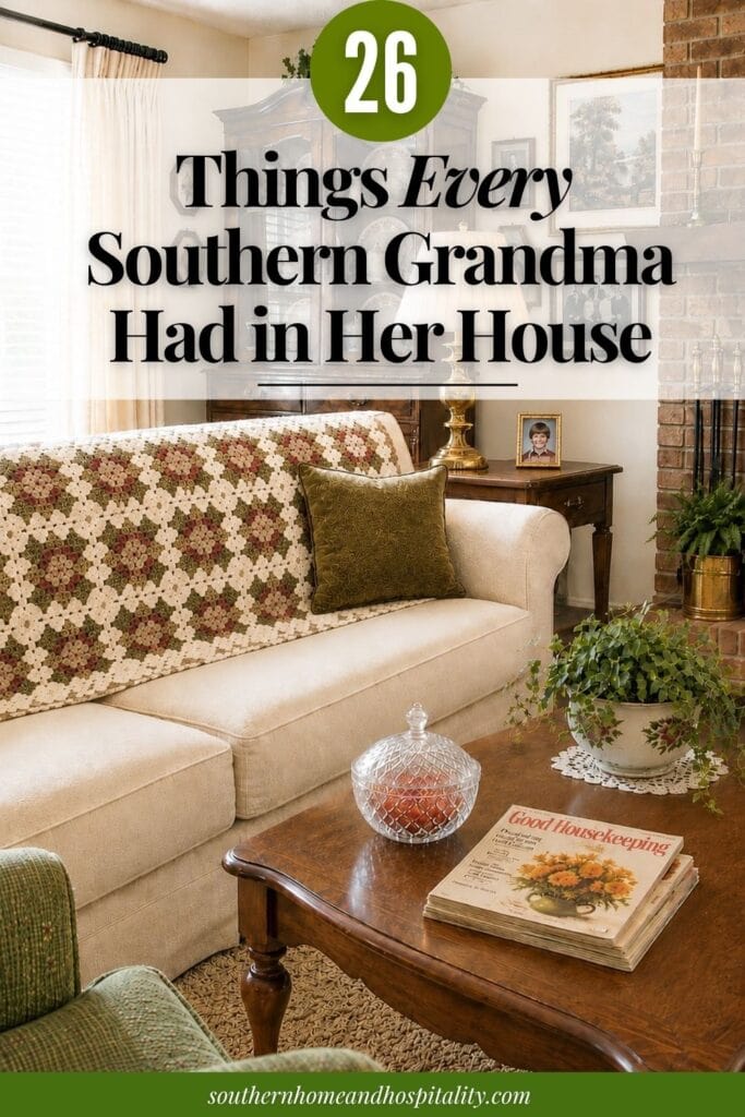 26 Things Every Southern Grandma Had in Her House text over a nostalgic living room with a crocheted afghan, candy dish, family photos, and china cabinet.