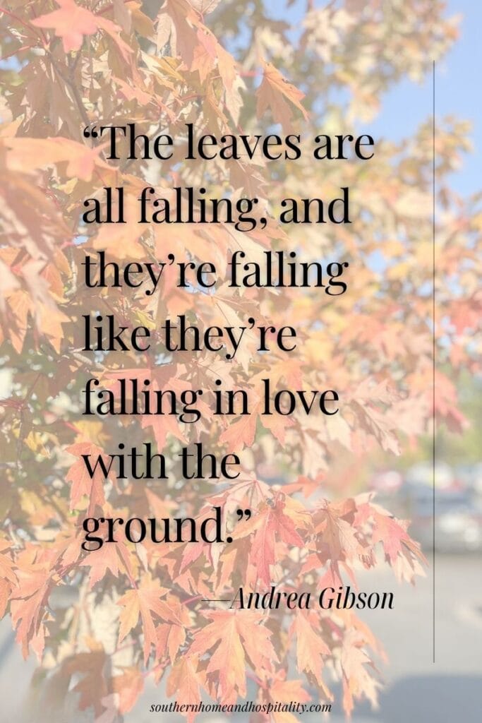 Orange autumn leaves against a blue sky with the Andrea Gibson quote about leaves falling like they’re falling in love with the ground.