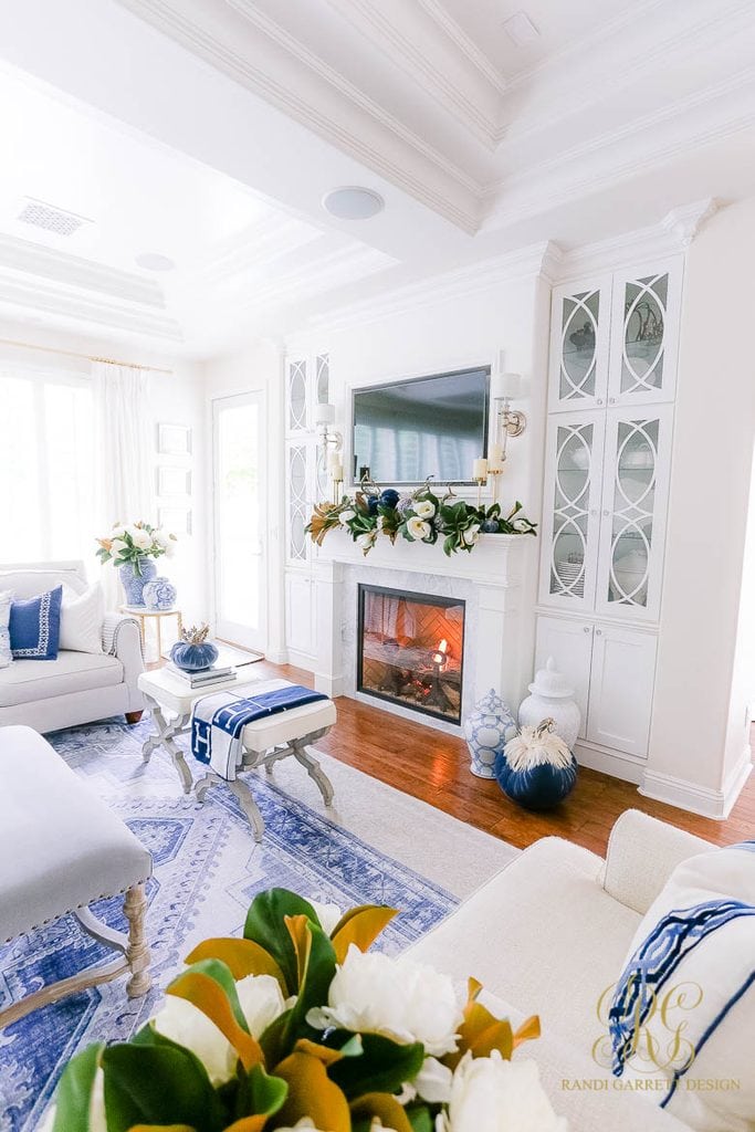 Blue and white living room decorated for fall