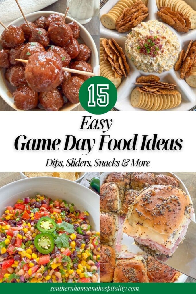 Collage of game day foods including glazed meatballs, Million Dollar Dip with crackers, colorful Cowboy Caviar, and ham and cheese sliders.