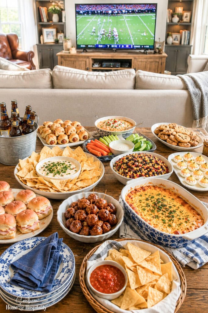 Game day appetizer spread with dips, sliders, meatballs, deviled eggs, chips, vegetables, and other snacks with football on the TV.