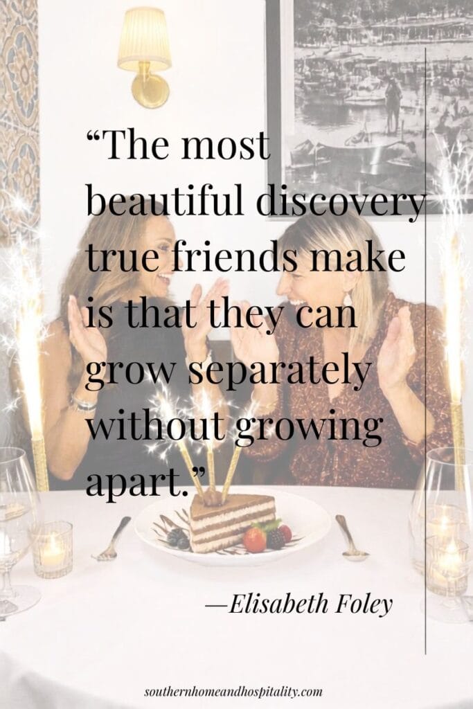 Two longtime friends laughing over birthday sparklers with quote about growing separately without growing apart