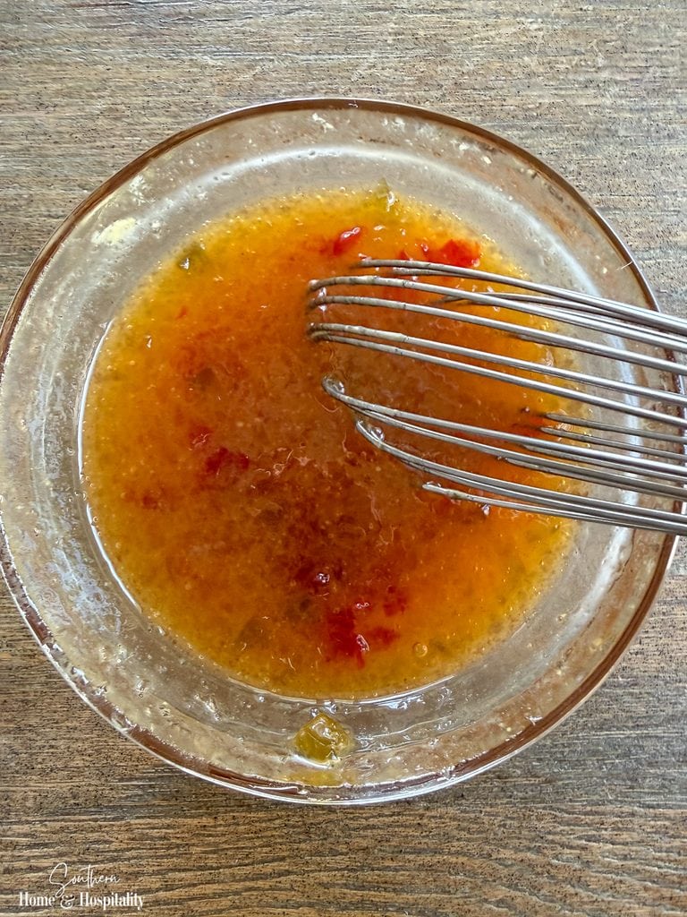 Red pepper jelly and Dijon mustard dipping sauce for homemade sausage balls
