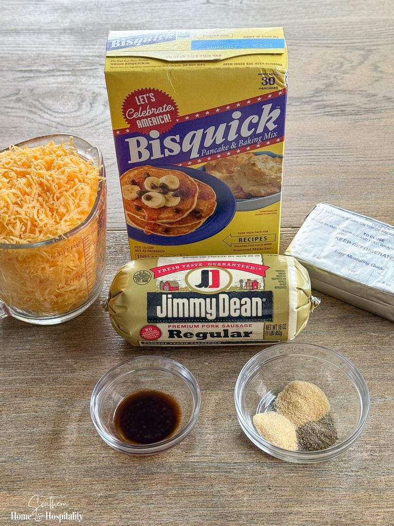 Ingredients for homemade cream cheese sausage balls with Bisquick and sharp cheddar
