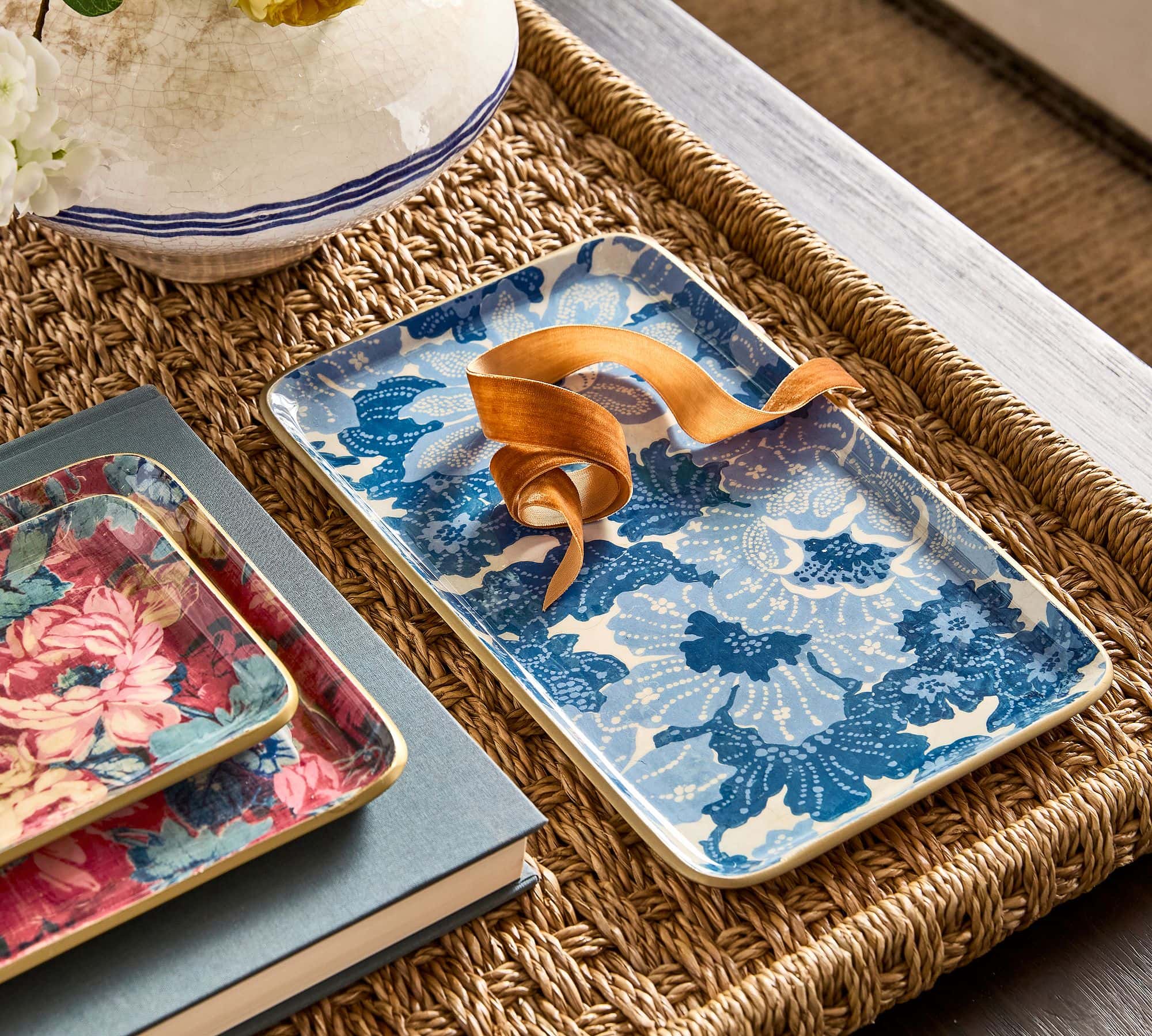 blue floral enamel tray