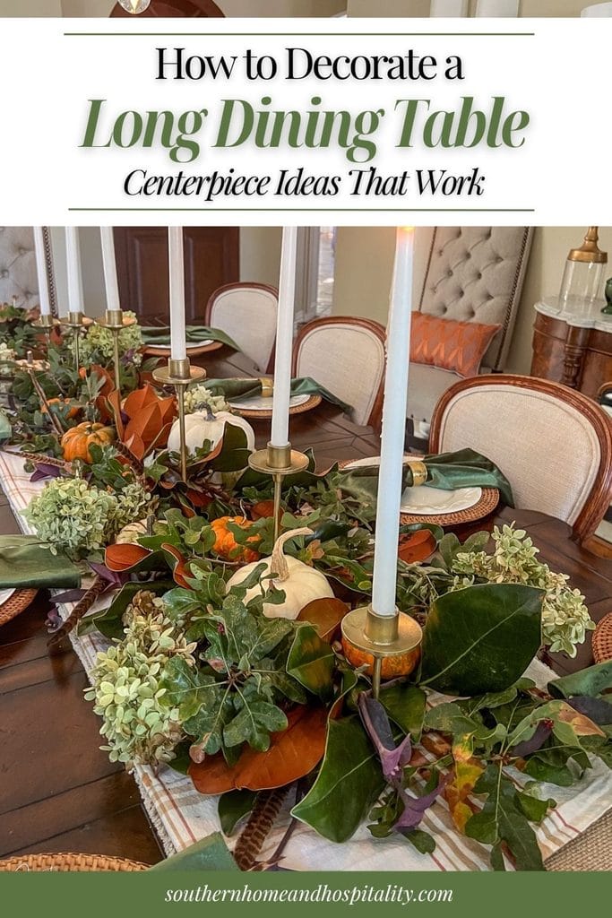 How to decorate a long dining table with everyday and holiday centerpiece ideas, featuring a fall table with pumpkins and greenery