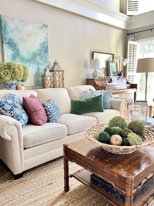 Colorful pillows on ivory sofa